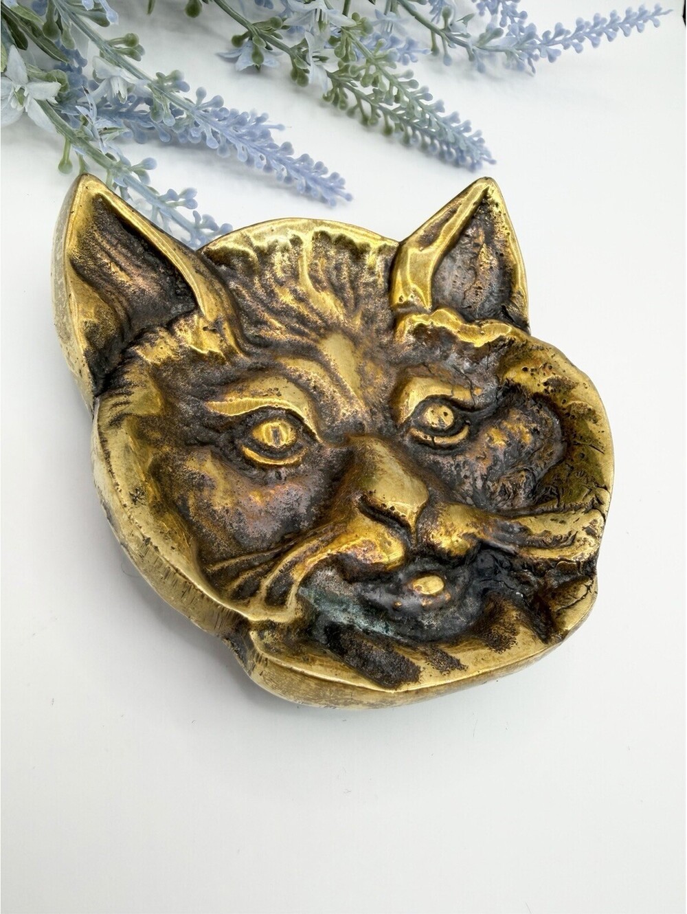 Vtg 4” Virginia Metalcrafters Bob Cat Brass Trinket Dish Ashtray Heavy 3D
